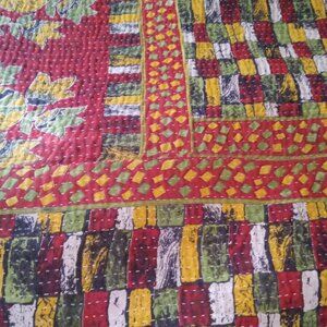 Kantha Quilt Red Green Yel. Orange Blue Lilac 55" x 90" Premium 3 Layer H66.